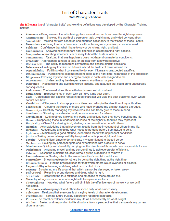 Biblical Character Traits Chart